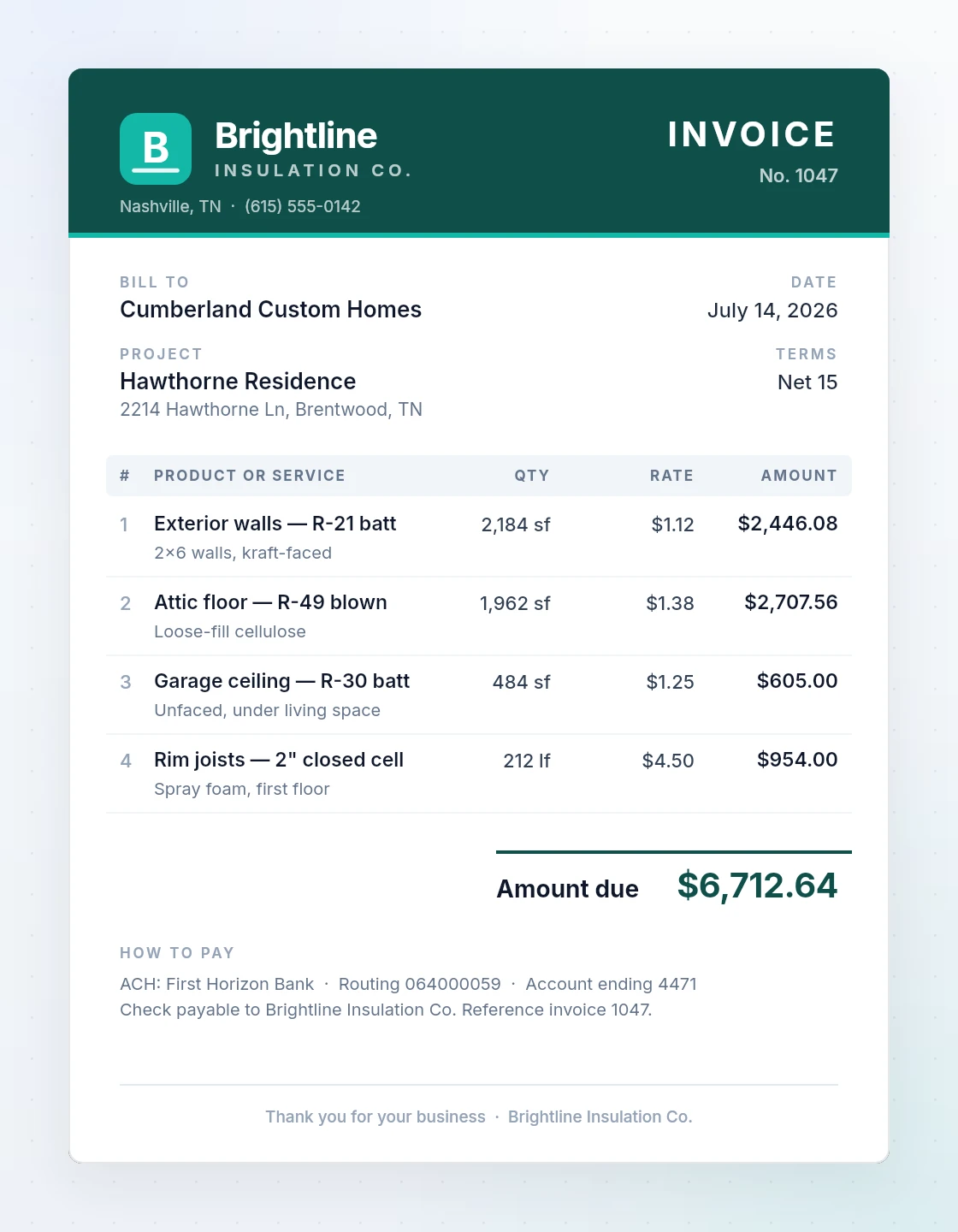 An invoice PDF on the subcontractor’s own letterhead: bill-to and project blocks, the same itemized lines, an amount due, and their own ACH and check payment instructions.