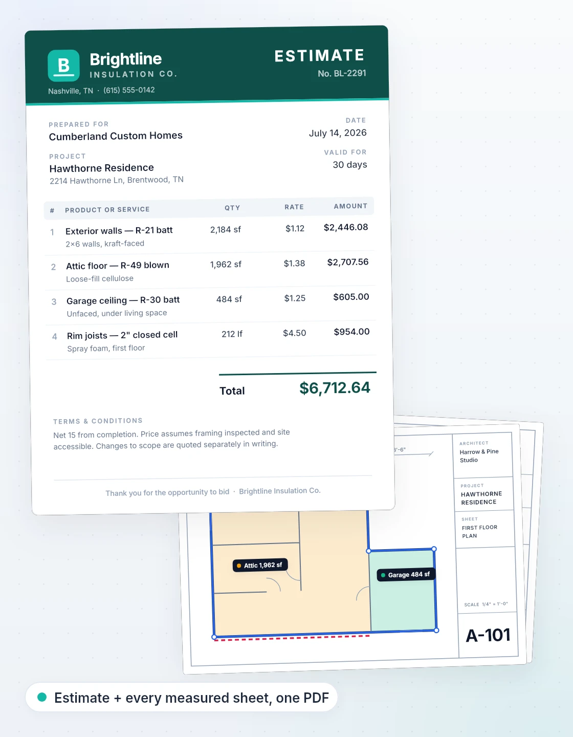 A full bid package PDF: the priced estimate on the subcontractor’s letterhead on top, with every marked-up plan sheet bound behind it.
